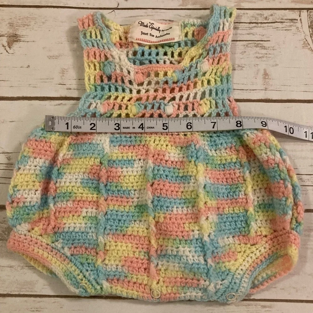 Vintage Handmade Crotchet Baby Pastel Rainbow Onesie 3-6 Months